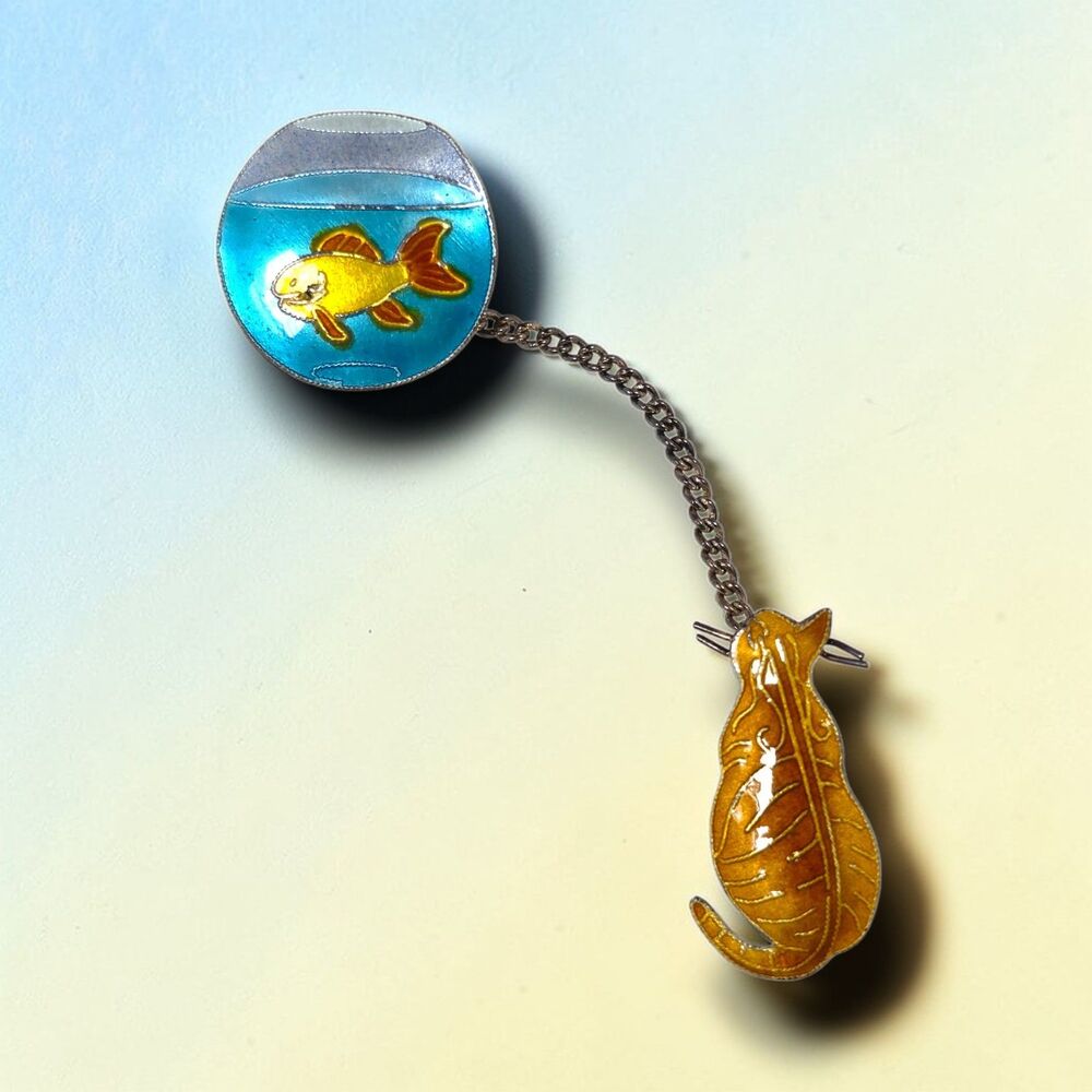 Vintage Zarah Cat With Fish Bowl Brooch Chain Link Enamel Sterling Silver Pin